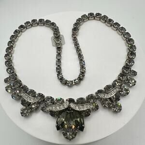 Weiss vintage silver tone clear smoky gray glass rhinestones swag necklace